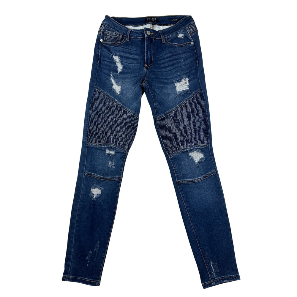 Judy Blue Moto Skinny Jeans Dark Wash Distressed Ribbed Kneeβ Womens Size 5/27